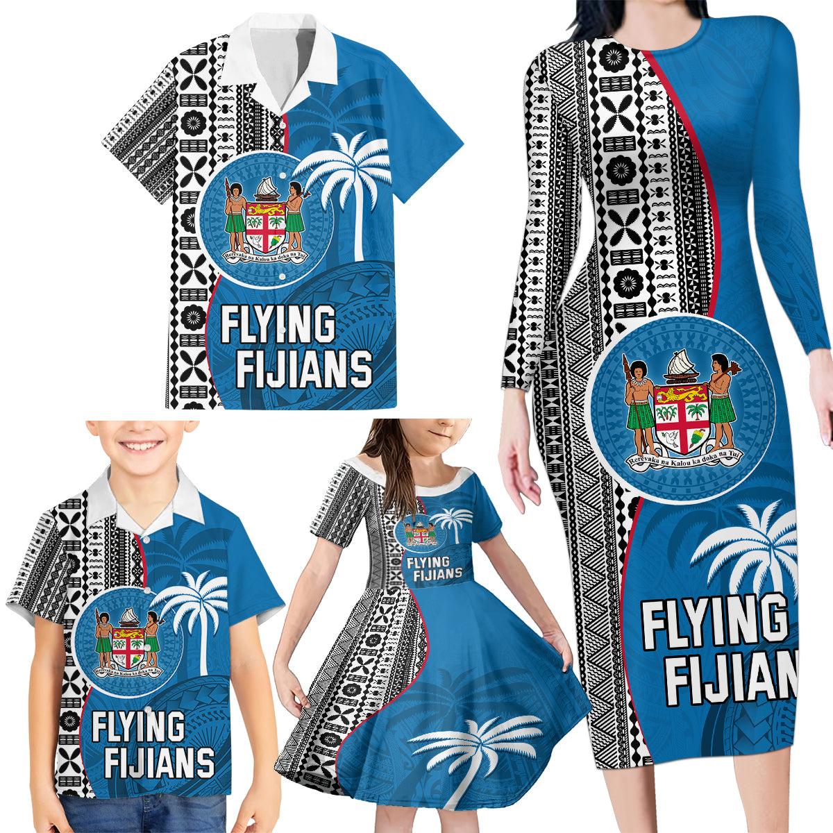 Custom Fiji Rugby Family Matching Long Sleeve Bodycon Dress and Hawaiian Shirt Coat of Arms Palm Tree Mix Polynesia Tapa Pattern LT03 - Polynesian Pride