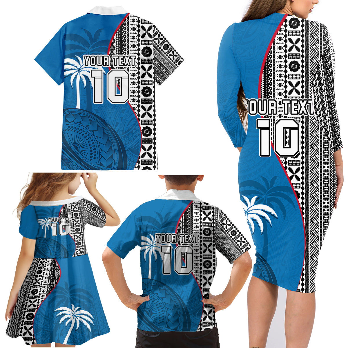 Custom Fiji Rugby Family Matching Long Sleeve Bodycon Dress and Hawaiian Shirt Coat of Arms Palm Tree Mix Polynesia Tapa Pattern LT03 - Polynesian Pride