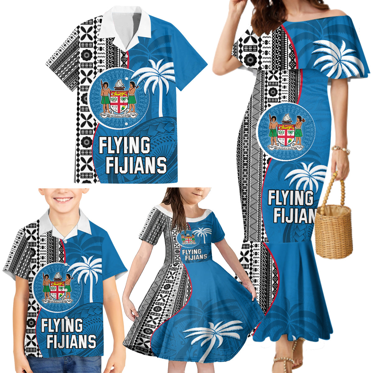 Custom Fiji Rugby Family Matching Mermaid Dress and Hawaiian Shirt Coat of Arms Palm Tree Mix Polynesia Tapa Pattern LT03 - Polynesian Pride