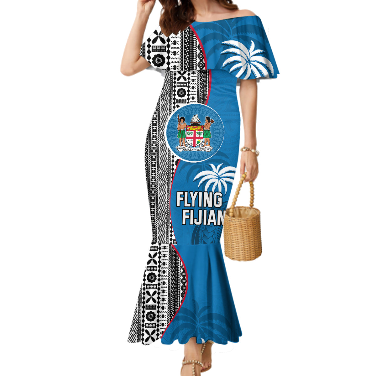 Custom Fiji Rugby Family Matching Mermaid Dress and Hawaiian Shirt Coat of Arms Palm Tree Mix Polynesia Tapa Pattern LT03 Mom's Dress Blue - Polynesian Pride