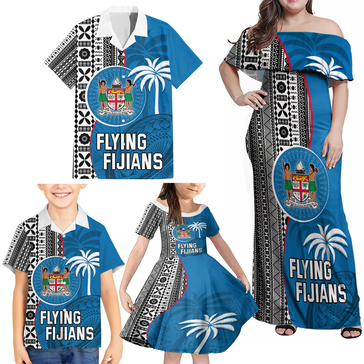 Custom Fiji Rugby Family Matching Off Shoulder Maxi Dress and Hawaiian Shirt Coat of Arms Palm Tree Mix Polynesia Tapa Pattern LT03 - Polynesian Pride