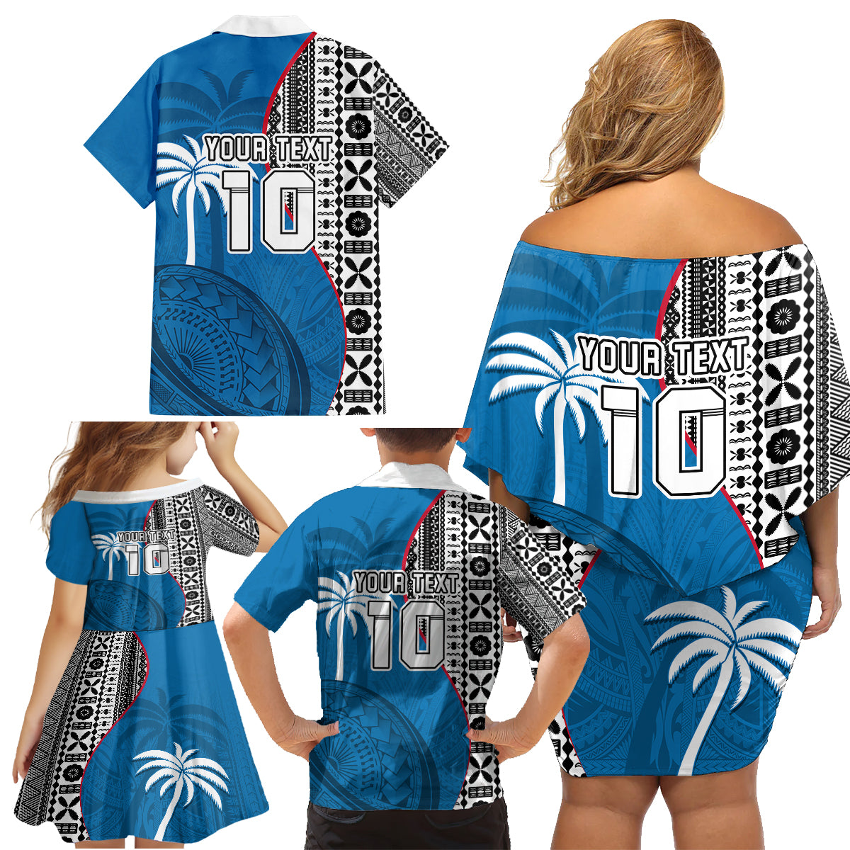 Custom Fiji Rugby Family Matching Off Shoulder Short Dress and Hawaiian Shirt Coat of Arms Palm Tree Mix Polynesia Tapa Pattern LT03 - Polynesian Pride