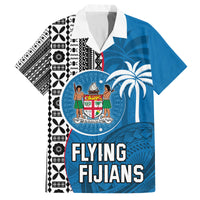 Custom Fiji Rugby Family Matching Off Shoulder Short Dress and Hawaiian Shirt Coat of Arms Palm Tree Mix Polynesia Tapa Pattern LT03 Dad's Shirt - Short Sleeve Blue - Polynesian Pride