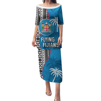 Custom Fiji Rugby Family Matching Puletasi Dress and Hawaiian Shirt Coat of Arms Palm Tree Mix Polynesia Tapa Pattern LT03 Mom's Dress Blue - Polynesian Pride