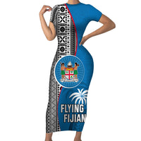 Custom Fiji Rugby Family Matching Short Sleeve Bodycon Dress and Hawaiian Shirt Coat of Arms Palm Tree Mix Polynesia Tapa Pattern LT03 Mom's Dress Blue - Polynesian Pride