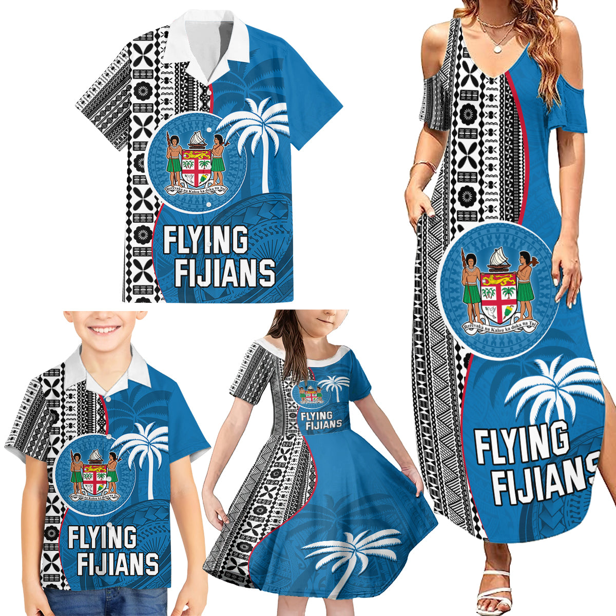 Custom Fiji Rugby Family Matching Summer Maxi Dress and Hawaiian Shirt Coat of Arms Palm Tree Mix Polynesia Tapa Pattern LT03 - Polynesian Pride