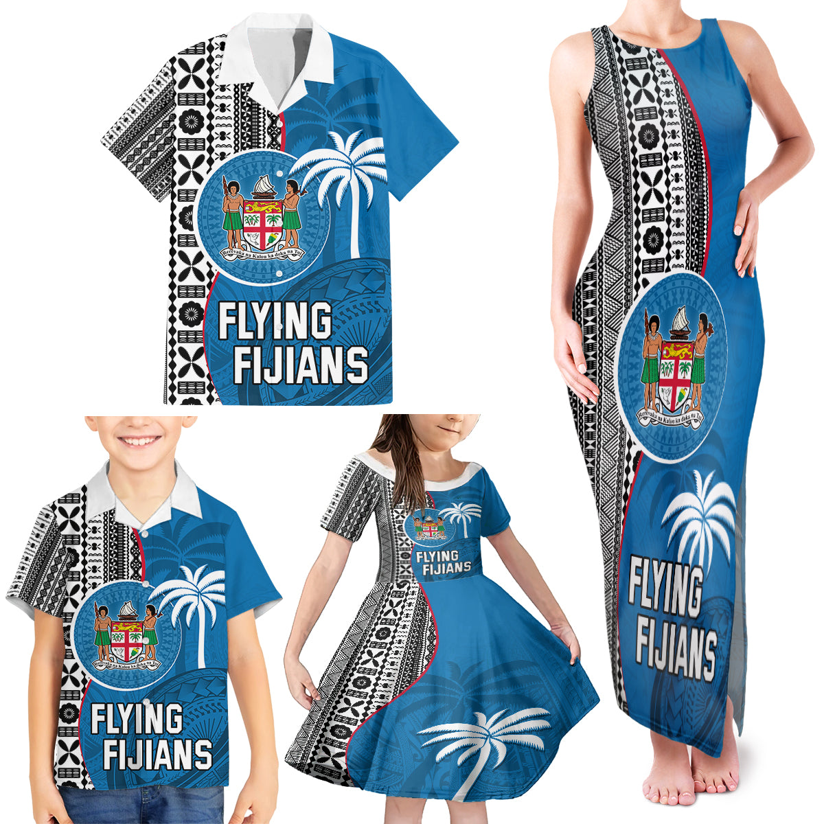 Custom Fiji Rugby Family Matching Tank Maxi Dress and Hawaiian Shirt Coat of Arms Palm Tree Mix Polynesia Tapa Pattern LT03 - Polynesian Pride