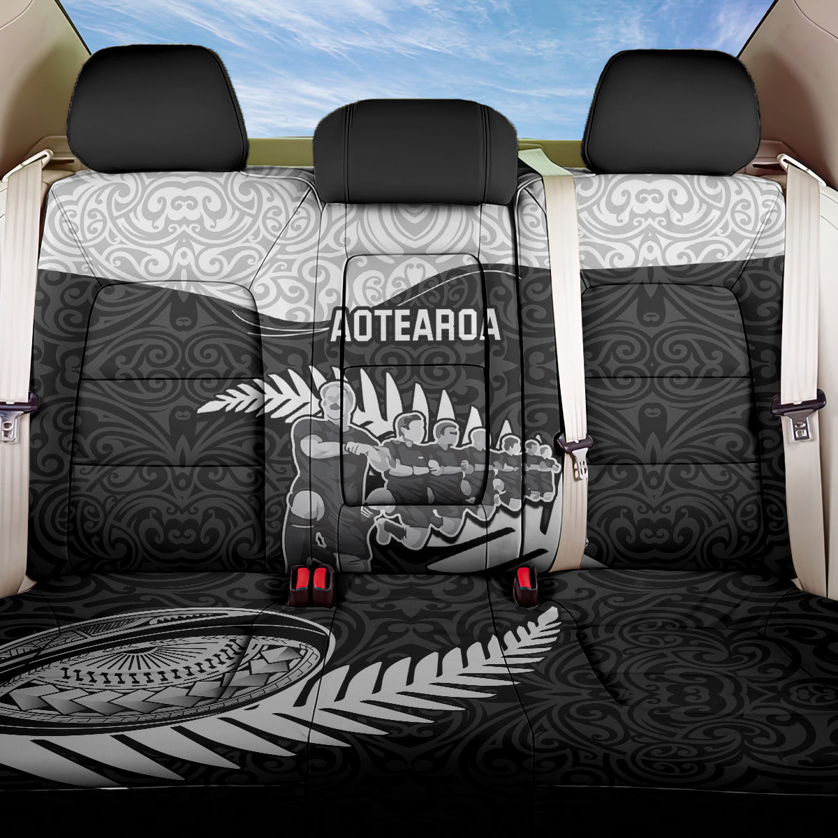 New Zealand World Cup 2023 Back Car Seat Cover Aotearoa Haka Rugby with Silver Fern Maori Ethnic Pattern LT03 One Size Black - Polynesian Pride