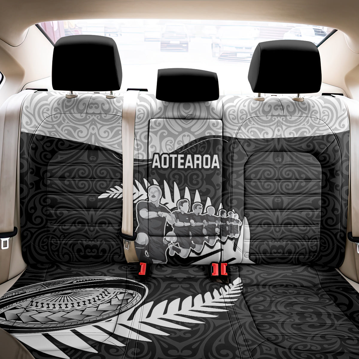 New Zealand World Cup 2023 Back Car Seat Cover Aotearoa Haka Rugby with Silver Fern Maori Ethnic Pattern LT03 - Polynesian Pride