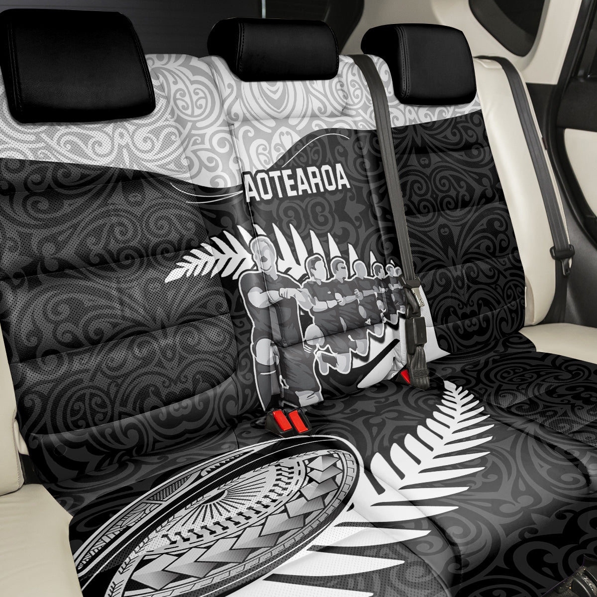 New Zealand World Cup 2023 Back Car Seat Cover Aotearoa Haka Rugby with Silver Fern Maori Ethnic Pattern LT03 - Polynesian Pride