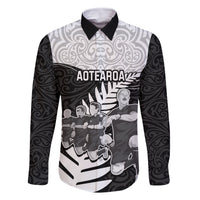 New Zealand World Cup 2023 Family Matching Off Shoulder Maxi Dress and Hawaiian Shirt Aotearoa Haka Rugby with Silver Fern Maori Ethnic Pattern LT03 Dad's Shirt - Long Sleeve Black - Polynesian Pride