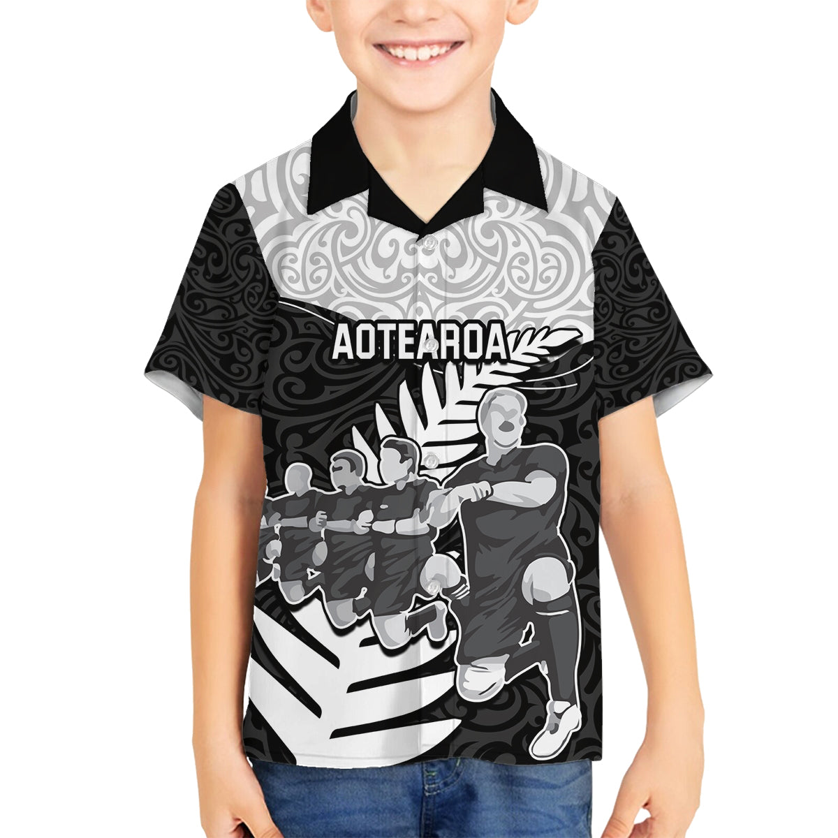New Zealand World Cup 2023 Family Matching Off Shoulder Short Dress and Hawaiian Shirt Aotearoa Haka Rugby with Silver Fern Maori Ethnic Pattern LT03 Son's Shirt Black - Polynesian Pride