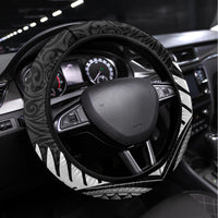 New Zealand World Cup 2023 Steering Wheel Cover Aotearoa Haka Rugby with Silver Fern Maori Ethnic Pattern LT03 Universal Fit Black - Polynesian Pride
