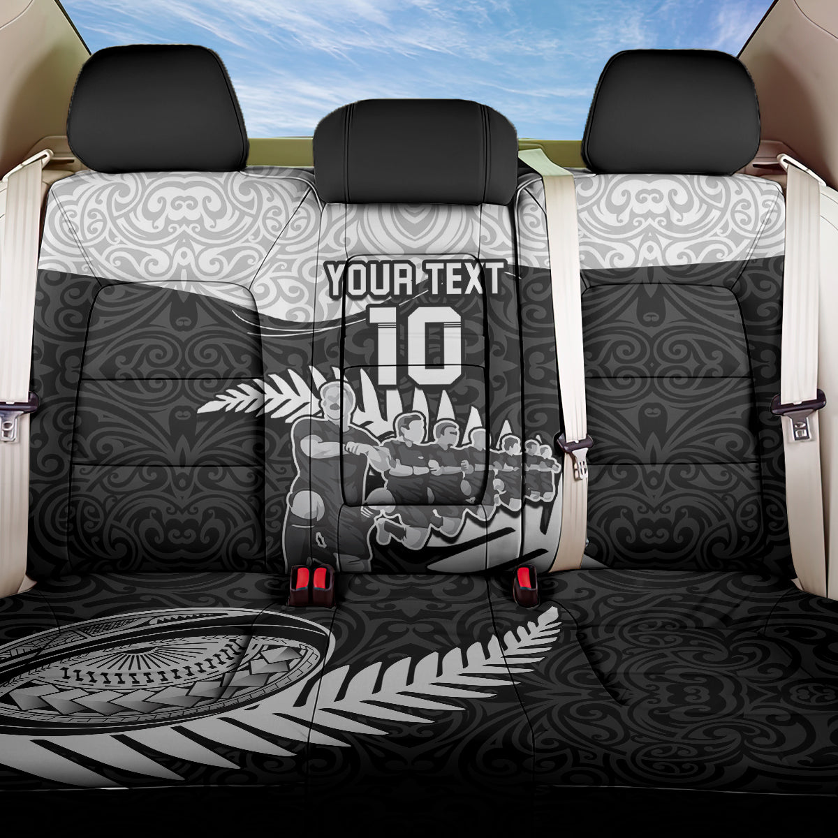 Custom New Zealand World Cup 2023 Back Car Seat Cover Aotearoa Haka Rugby with Silver Fern Maori Ethnic Pattern LT03 One Size Black - Polynesian Pride
