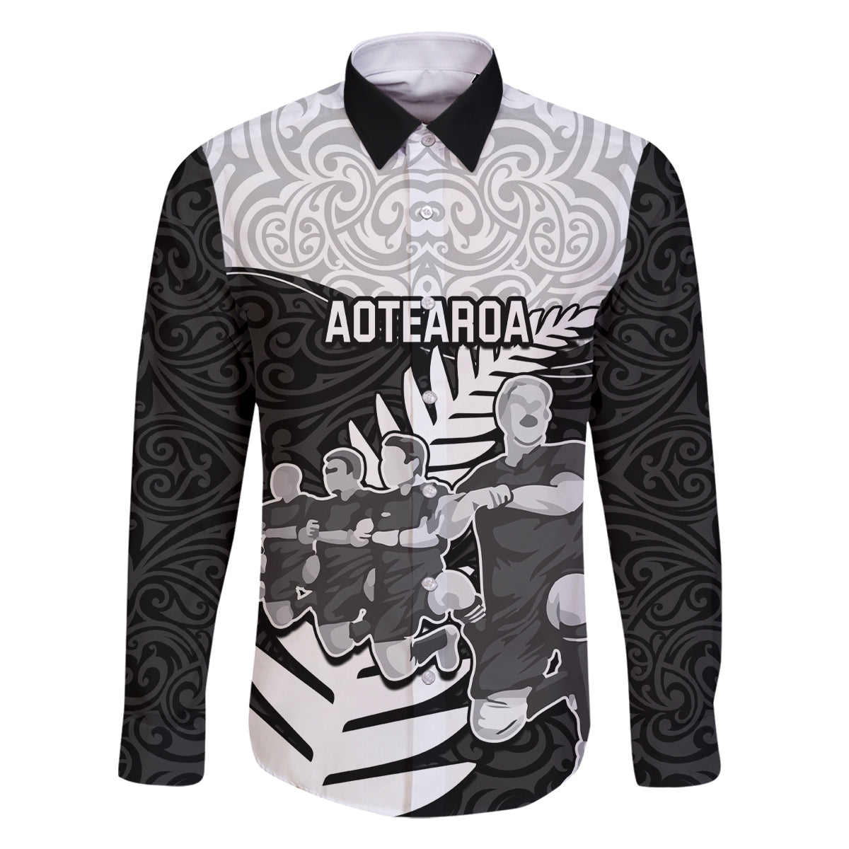 Custom New Zealand World Cup 2023 Family Matching Summer Maxi Dress and Hawaiian Shirt Aotearoa Haka Rugby with Silver Fern Maori Ethnic Pattern LT03 Dad's Shirt - Long Sleeve Black - Polynesian Pride