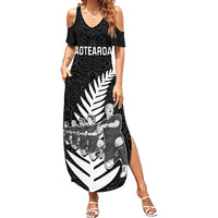 Custom New Zealand World Cup 2023 Family Matching Summer Maxi Dress and Hawaiian Shirt Aotearoa Haka Rugby with Silver Fern Maori Ethnic Pattern LT03 Mom's Dress Black - Polynesian Pride