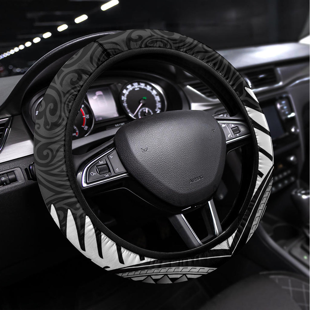 New Zealand World Cup 2023 Steering Wheel Cover Aotearoa Haka Rugby with Silver Fern Maori Ethnic Pattern LT03 Universal Fit Black - Polynesian Pride