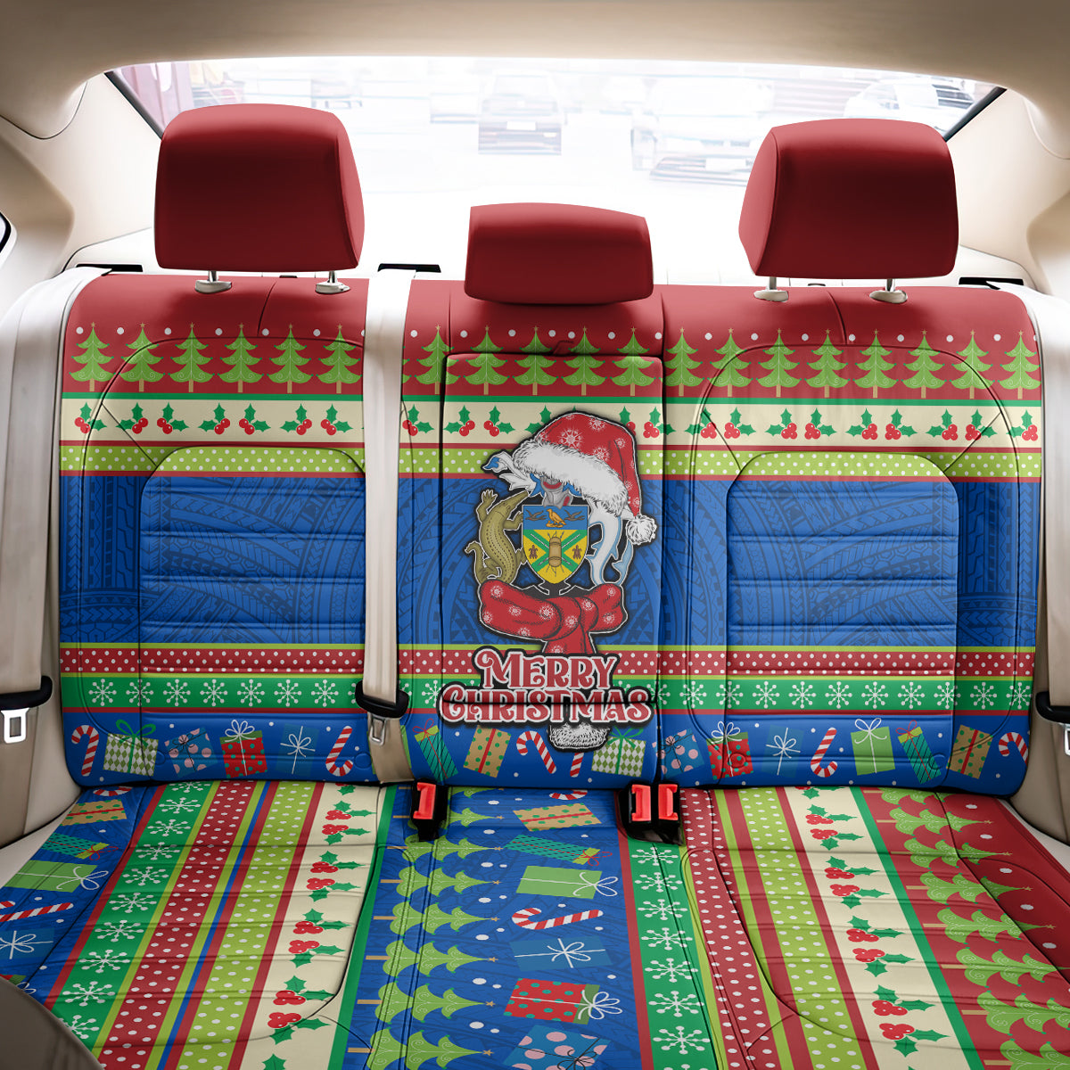 Solomon Islands Christmas Back Car Seat Cover Santa With Flag Of Solomon Polynesian Tribal Xmas Vibe LT03 - Polynesian Pride