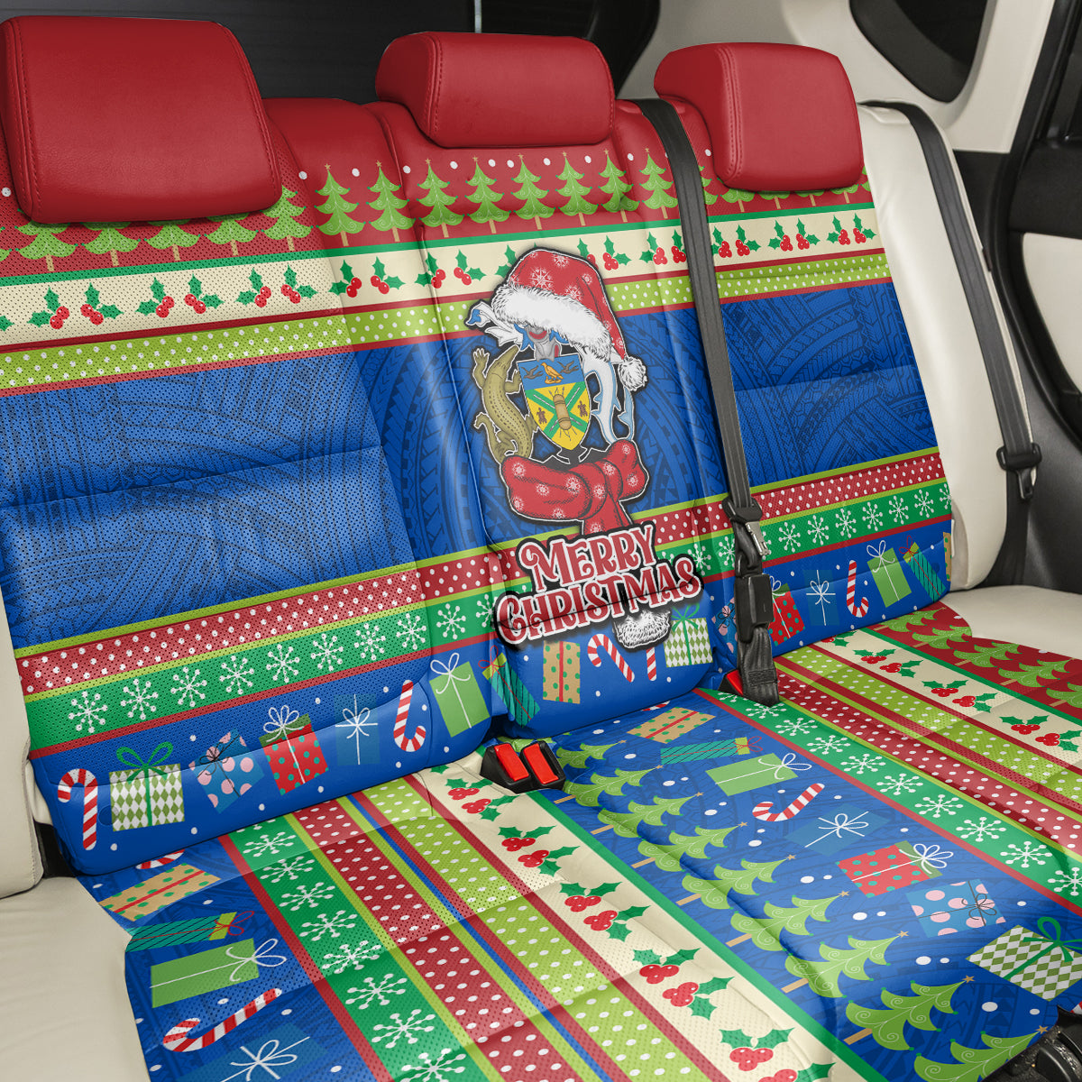 Solomon Islands Christmas Back Car Seat Cover Santa With Flag Of Solomon Polynesian Tribal Xmas Vibe LT03 - Polynesian Pride