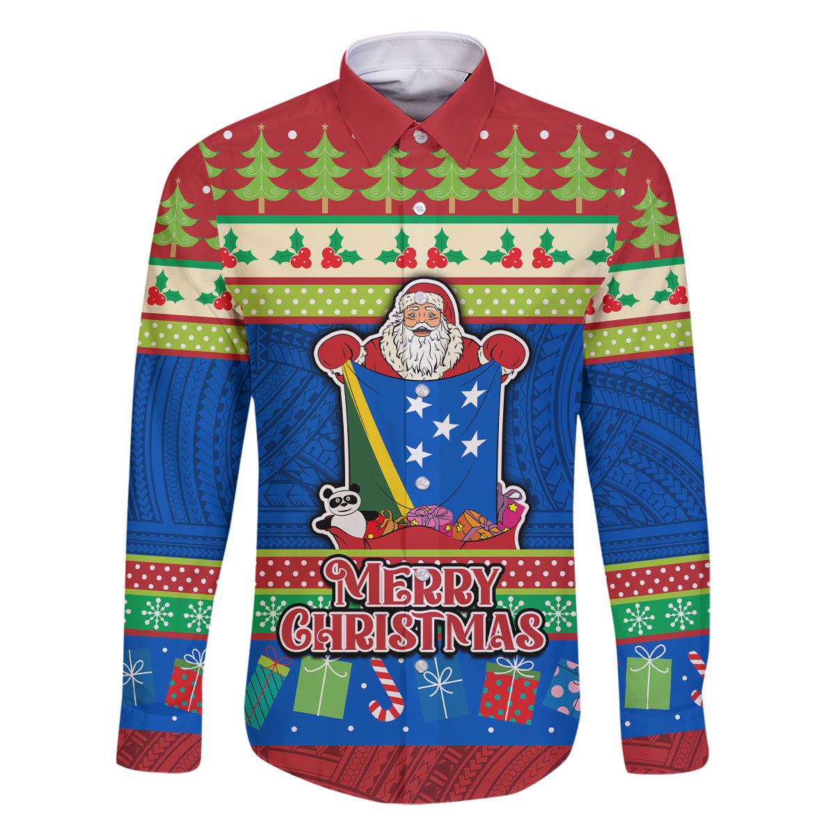 Solomon Islands Christmas Family Matching Off Shoulder Long Sleeve Dress and Hawaiian Shirt Santa With Flag Of Solomon Polynesian Tribal Xmas Vibe LT03 Dad's Shirt - Long Sleeve Blue - Polynesian Pride