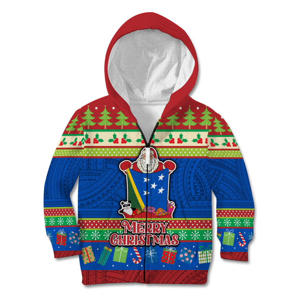 Solomon Islands Christmas Kid Hoodie Santa With Flag Of Solomon Polynesian Tribal Xmas Vibe LT03 Zip Hoodie Blue - Polynesian Pride
