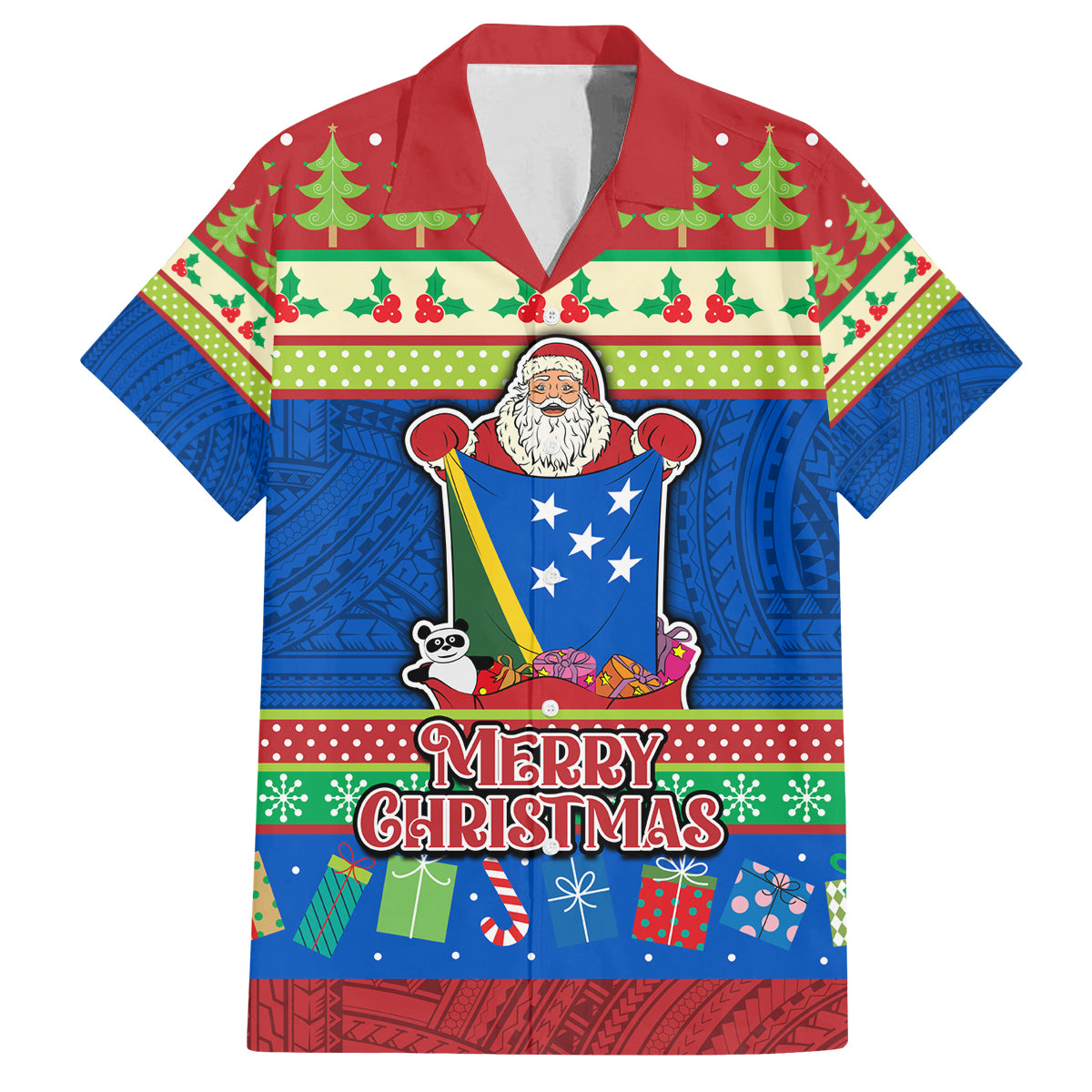 Personalised Solomon Islands Christmas Family Matching Long Sleeve Bodycon Dress and Hawaiian Shirt Santa With Flag Of Solomon Polynesian Tribal Xmas Vibe LT03 Dad's Shirt - Short Sleeve Blue - Polynesian Pride