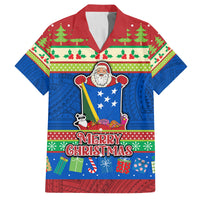 Personalised Solomon Islands Christmas Family Matching Off Shoulder Maxi Dress and Hawaiian Shirt Santa With Flag Of Solomon Polynesian Tribal Xmas Vibe LT03 Dad's Shirt - Short Sleeve Blue - Polynesian Pride