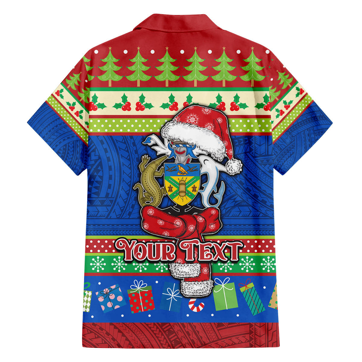 Personalised Solomon Islands Christmas Family Matching Off Shoulder Short Dress and Hawaiian Shirt Santa With Flag Of Solomon Polynesian Tribal Xmas Vibe LT03 - Polynesian Pride