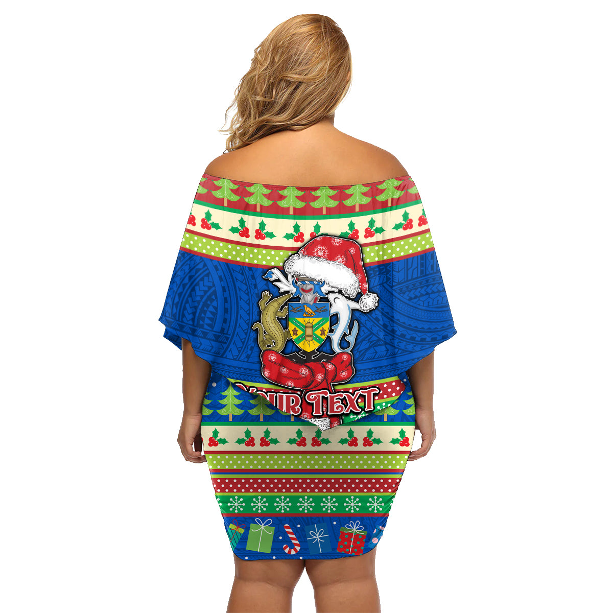 Personalised Solomon Islands Christmas Family Matching Off Shoulder Short Dress and Hawaiian Shirt Santa With Flag Of Solomon Polynesian Tribal Xmas Vibe LT03 - Polynesian Pride