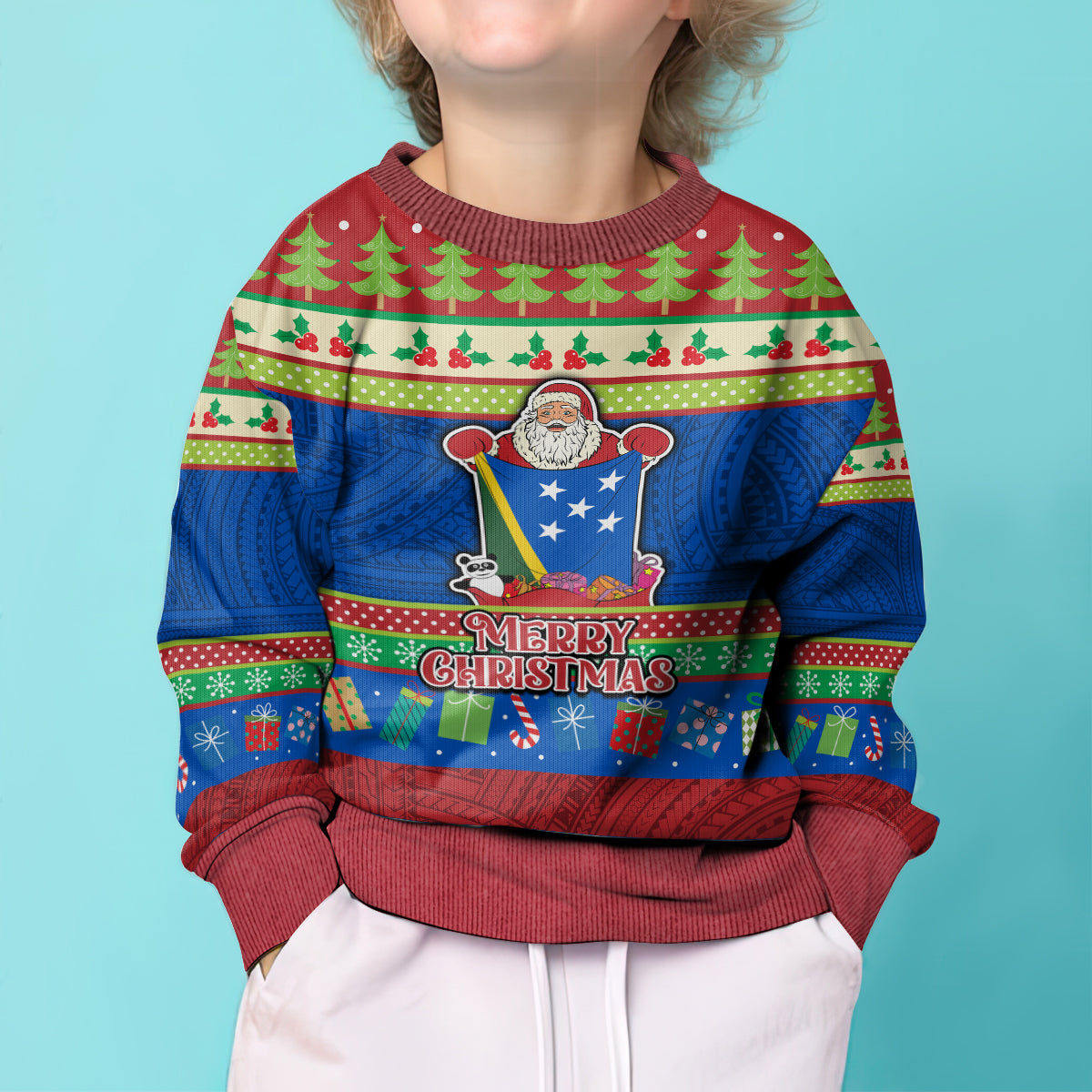 Personalised Solomon Islands Christmas Kid Ugly Christmas Sweater Santa With Flag Of Solomon Polynesian Tribal Xmas Vibe LT03 - Polynesian Pride