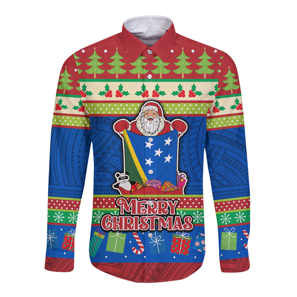 Personalised Solomon Islands Christmas Long Sleeve Button Shirt Santa With Flag Of Solomon Polynesian Tribal Xmas Vibe LT03 Unisex Blue - Polynesian Pride