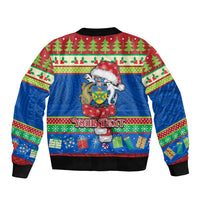 Personalised Solomon Islands Christmas Sleeve Zip Bomber Jacket Santa With Flag Of Solomon Polynesian Tribal Xmas Vibe LT03 - Polynesian Pride