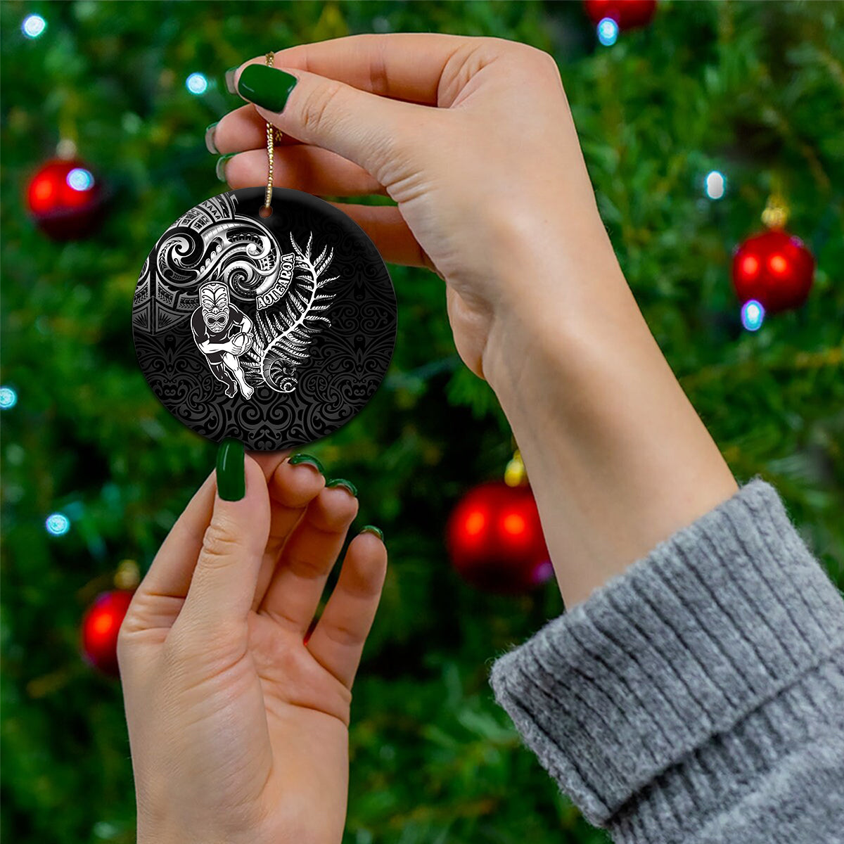 New Zealand Rugby Ceramic Ornament Maori Warrior Rugby with Silver Fern Sleeve Tribal Ethnic Style LT03 - Polynesian Pride