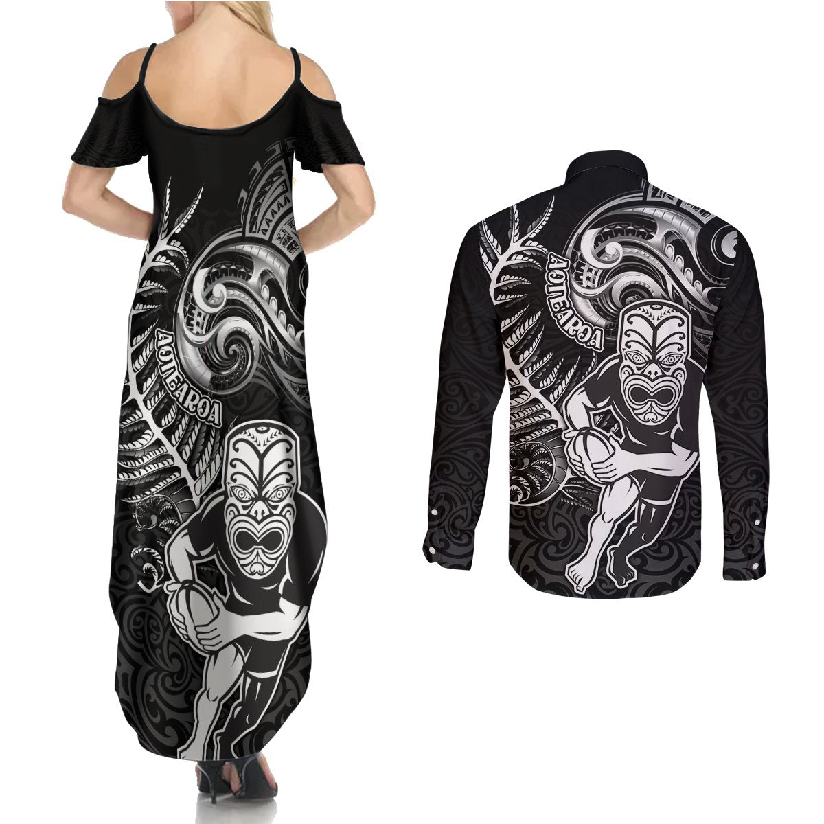 New Zealand Rugby Couples Matching Summer Maxi Dress and Long Sleeve Button Shirt Maori Warrior Rugby with Silver Fern Sleeve Tribal Ethnic Style LT03 - Polynesian Pride