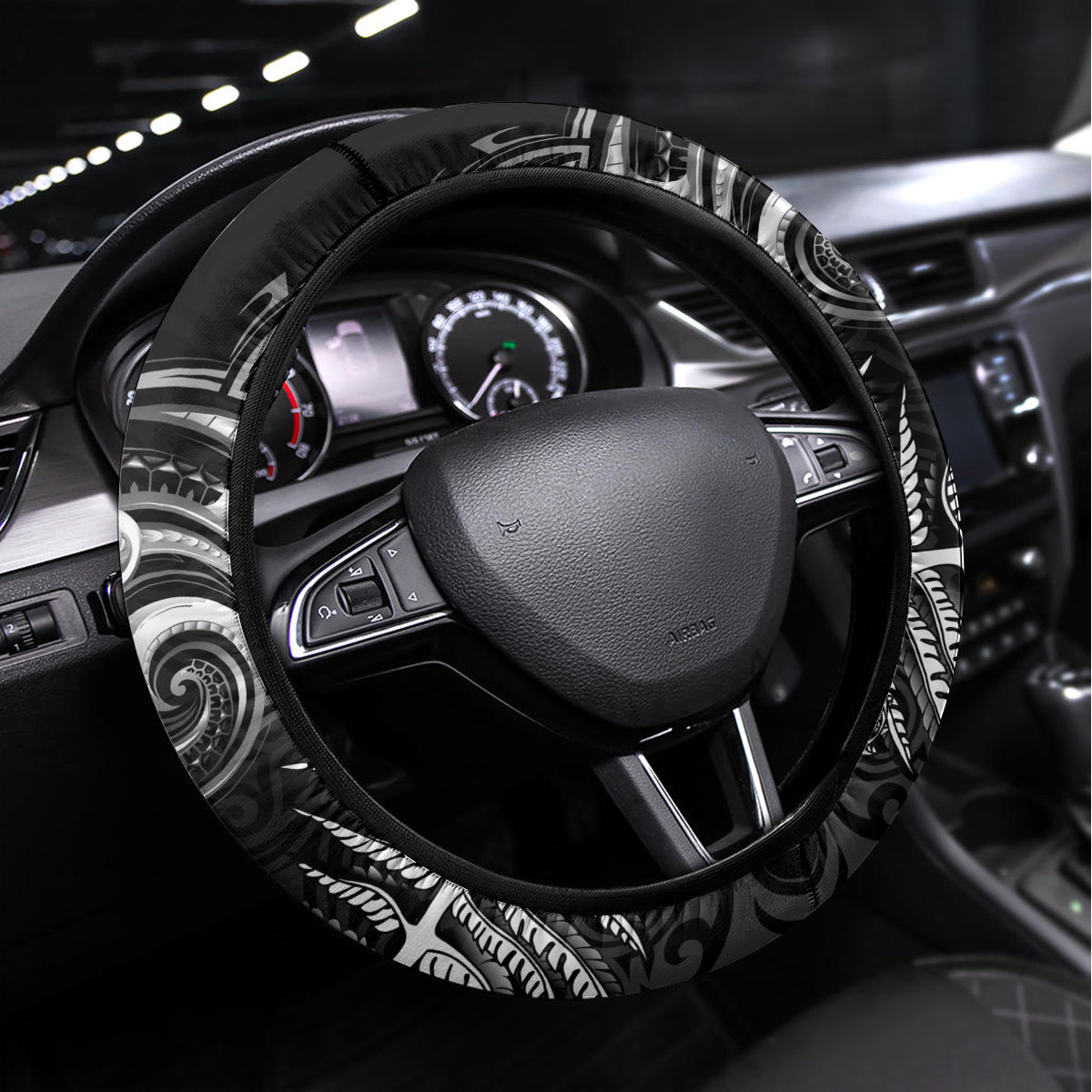 New Zealand Rugby Steering Wheel Cover Maori Warrior Rugby with Silver Fern Sleeve Tribal Ethnic Style LT03 Universal Fit Black - Polynesian Pride