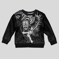 Personalised New Zealand Rugby Kid Ugly Christmas Sweater Maori Warrior Rugby with Silver Fern Sleeve Tribal Ethnic Style LT03 Kid Black - Polynesian Pride