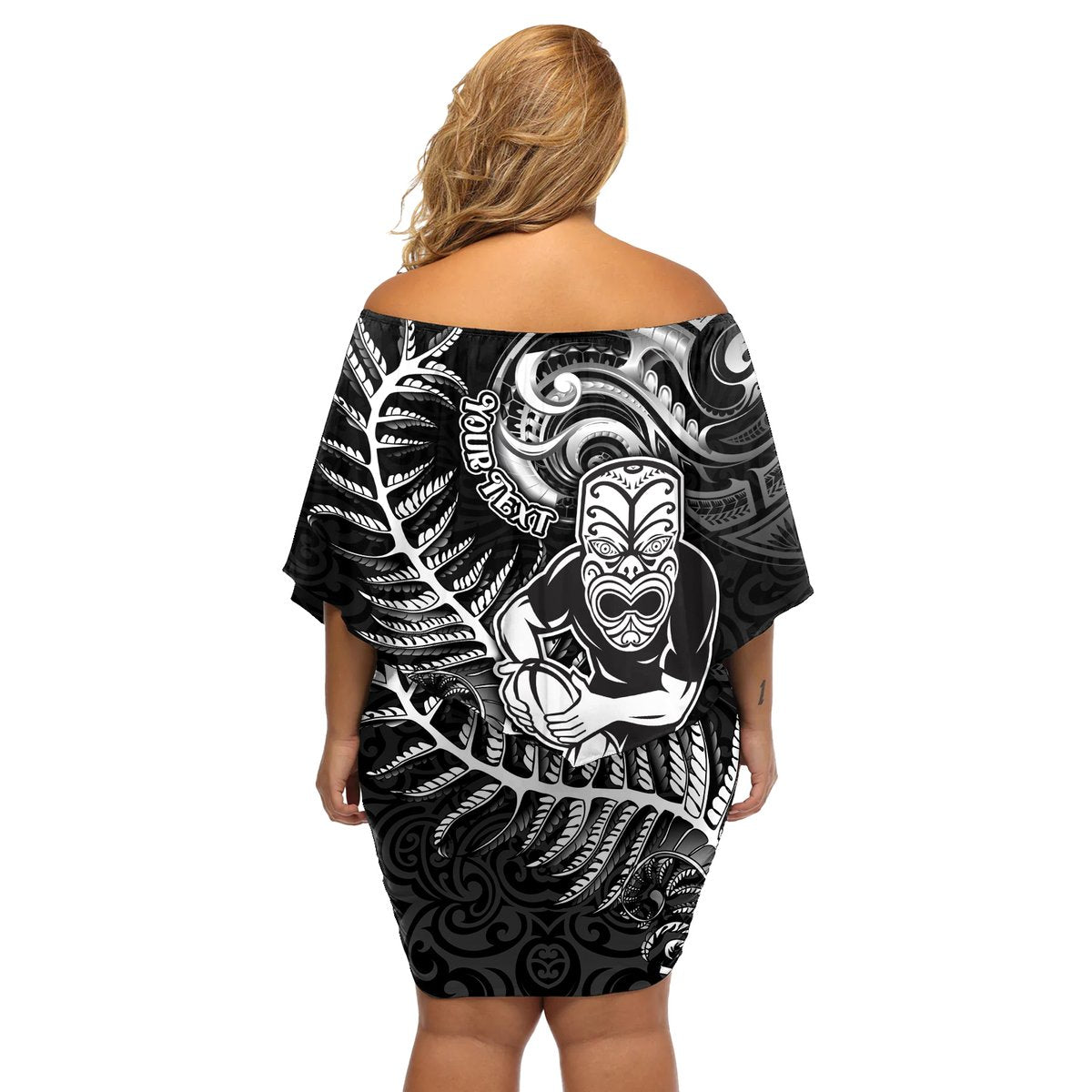 Personalised New Zealand Rugby Off Shoulder Short Dress Maori Warrior Rugby with Silver Fern Sleeve Tribal Ethnic Style LT03 - Polynesian Pride