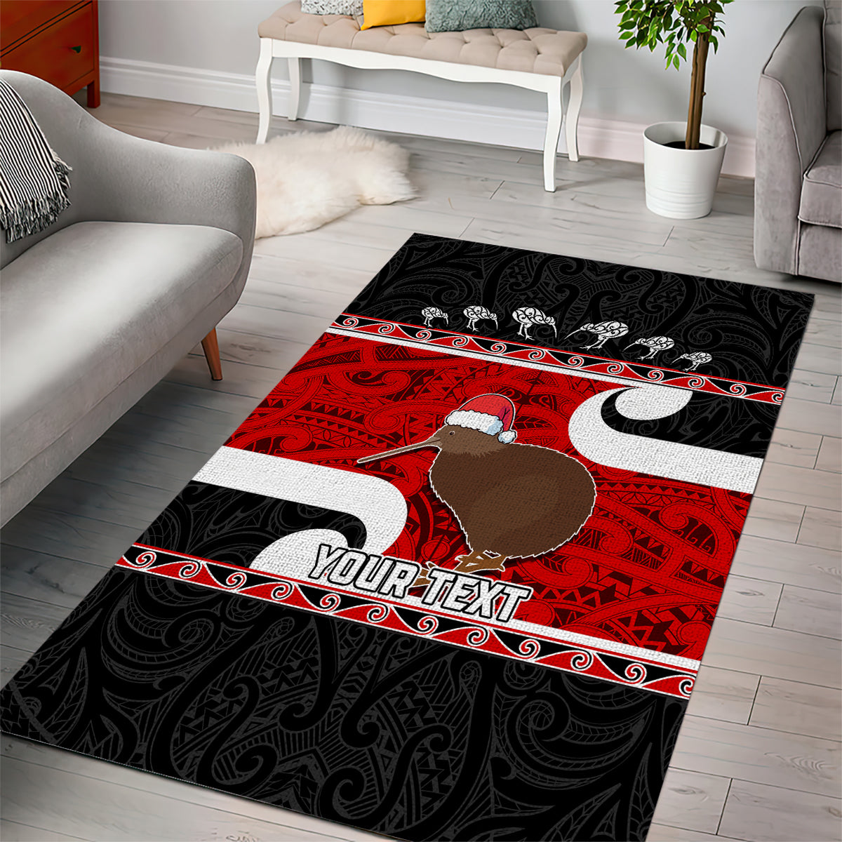 Personalized New Zealand Christmas Area Rug Santa Haka Fern and Kiwi Bird Tino Rangatiratanga Maori Flag Style LT03 - Polynesian Pride