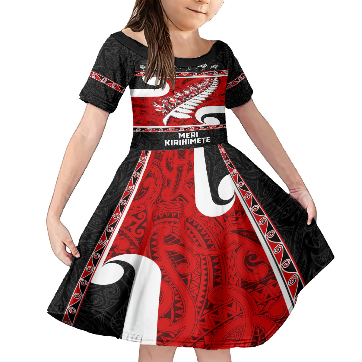 Personalized New Zealand Christmas Family Matching Off Shoulder Long Sleeve Dress and Hawaiian Shirt Santa Haka Fern and Kiwi Bird Tino Rangatiratanga Maori Flag Style LT03 Daughter's Dress Black - Polynesian Pride