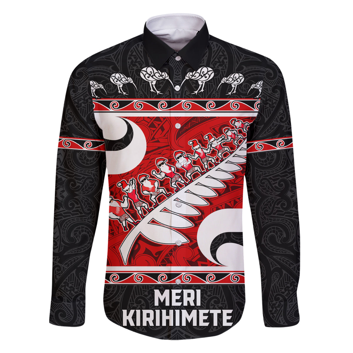 Personalized New Zealand Christmas Family Matching Off Shoulder Long Sleeve Dress and Hawaiian Shirt Santa Haka Fern and Kiwi Bird Tino Rangatiratanga Maori Flag Style LT03 Dad's Shirt - Long Sleeve Black - Polynesian Pride