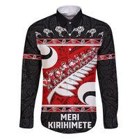 Personalized New Zealand Christmas Family Matching Puletasi Dress and Hawaiian Shirt Santa Haka Fern and Kiwi Bird Tino Rangatiratanga Maori Flag Style LT03 Dad's Shirt - Long Sleeve Black - Polynesian Pride