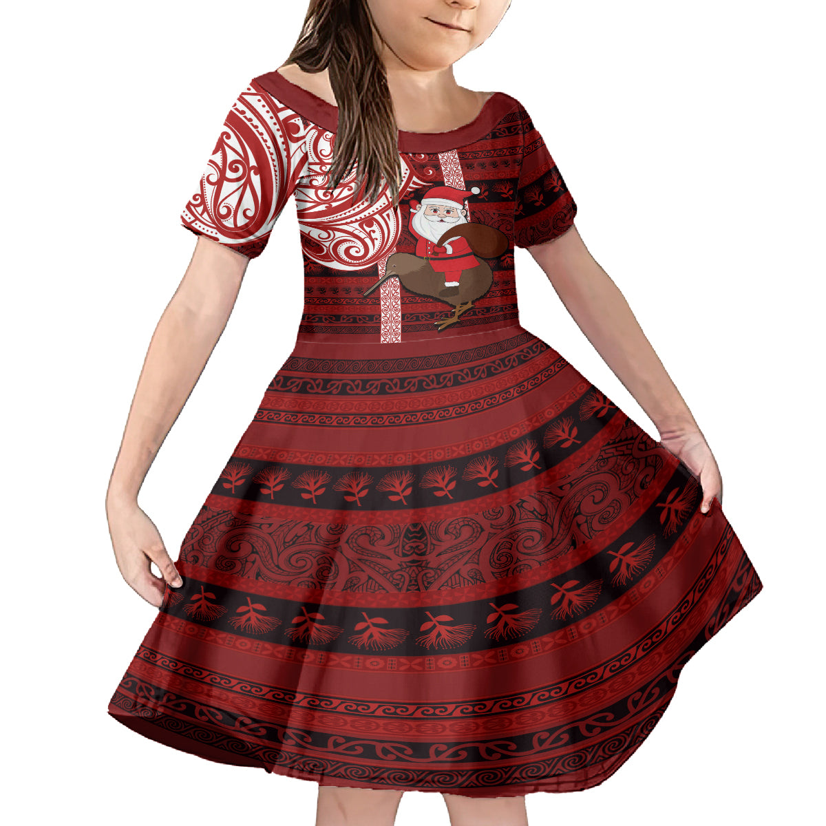 Personalized New Zealand Christmas Family Matching Tank Maxi Dress and Hawaiian Shirt Santa Claus and Kiwi Bird Maori Tattoo Koru Pattern LT03 Daughter's Dress Red - Polynesian Pride