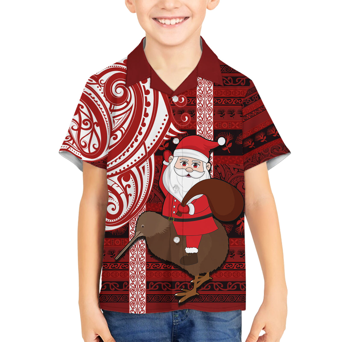 Personalized New Zealand Christmas Family Matching Tank Maxi Dress and Hawaiian Shirt Santa Claus and Kiwi Bird Maori Tattoo Koru Pattern LT03 Son's Shirt Red - Polynesian Pride