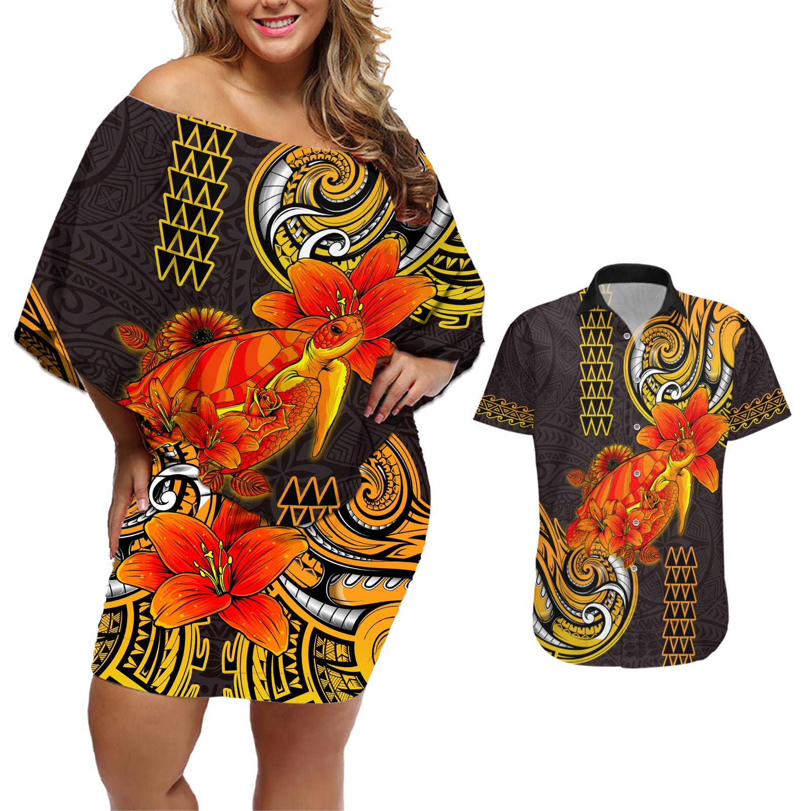 Hawaii Turtle Hibiscus Flower Couples Matching Off Shoulder Short Dress and Hawaiian Shirt Polynesian Tattoo LT03 Black - Polynesian Pride