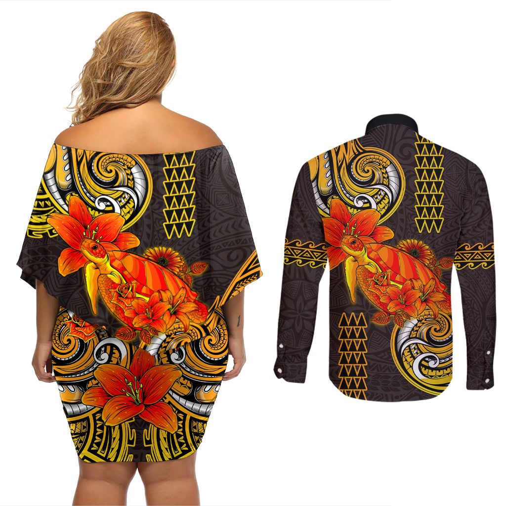 Hawaii Turtle Hibiscus Flower Couples Matching Off Shoulder Short Dress and Long Sleeve Button Shirt Polynesian Tattoo LT03 - Polynesian Pride
