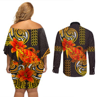 Hawaii Turtle Hibiscus Flower Couples Matching Off Shoulder Short Dress and Long Sleeve Button Shirt Polynesian Tattoo LT03 - Polynesian Pride