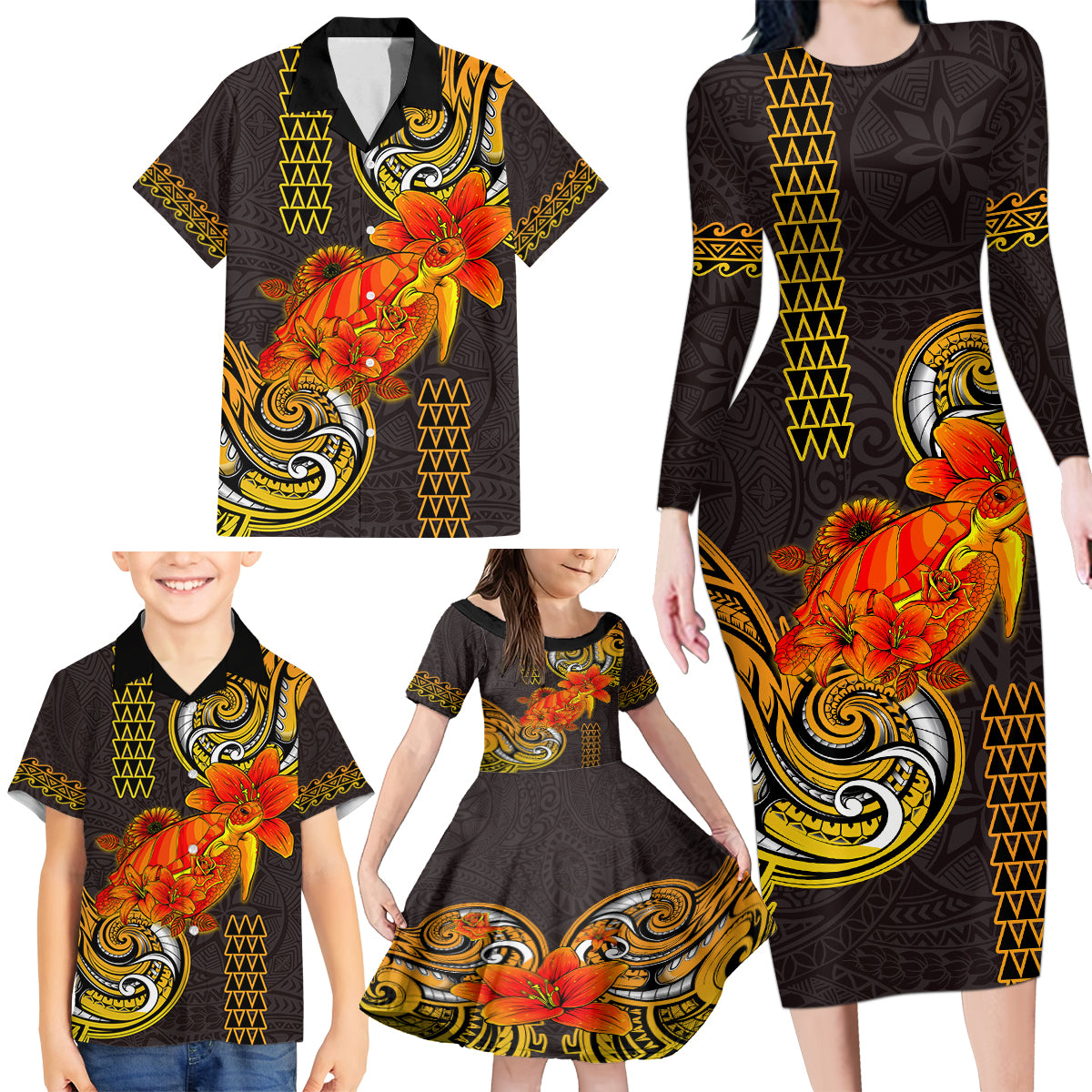 Hawaii Turtle Hibiscus Flower Family Matching Long Sleeve Bodycon Dress and Hawaiian Shirt Polynesian Tattoo LT03 - Polynesian Pride
