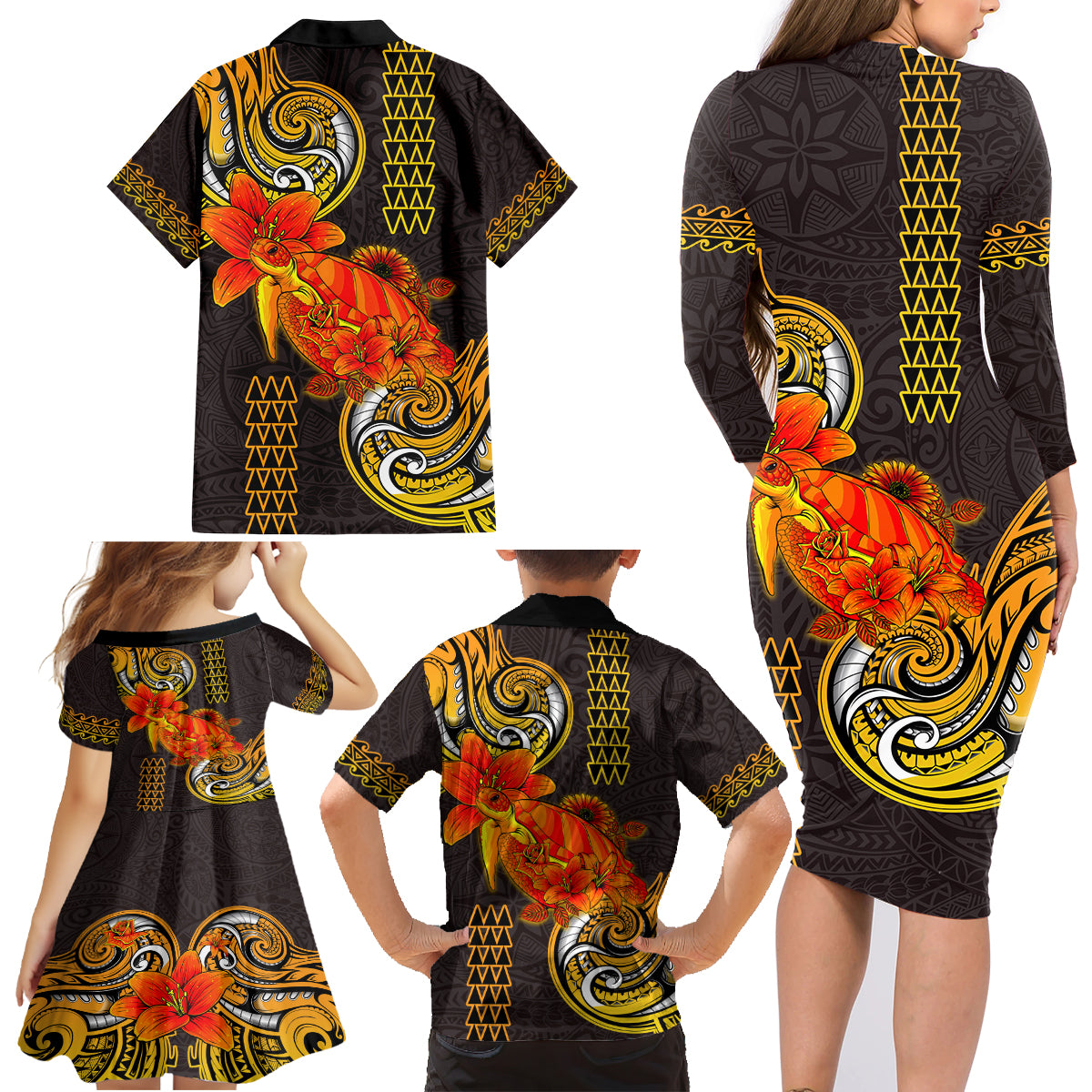 Hawaii Turtle Hibiscus Flower Family Matching Long Sleeve Bodycon Dress and Hawaiian Shirt Polynesian Tattoo LT03 - Polynesian Pride