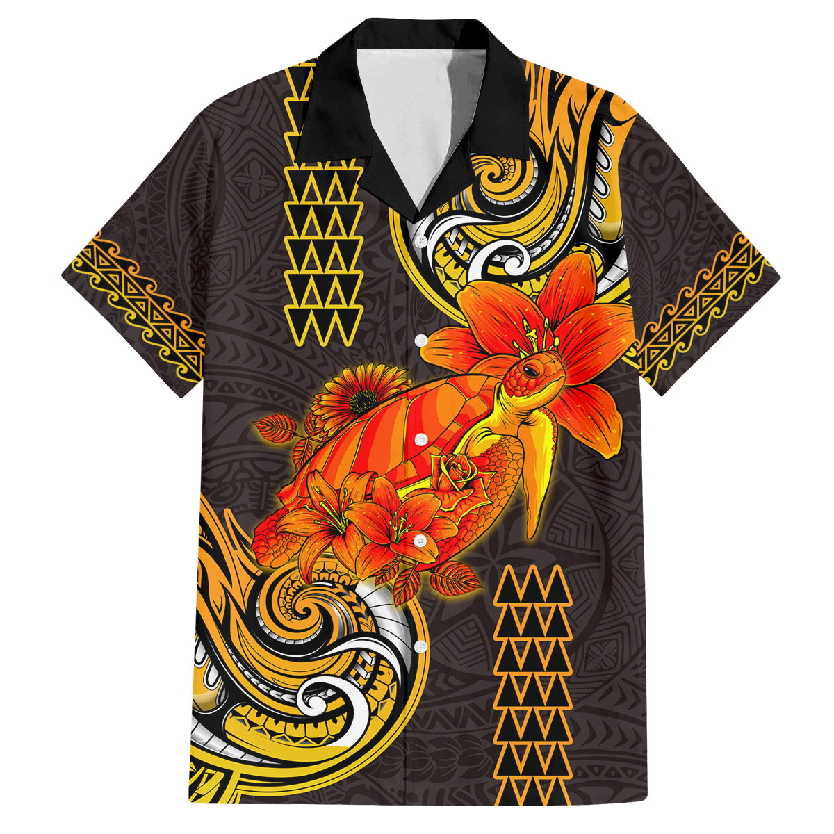 Hawaii Turtle Hibiscus Flower Family Matching Off Shoulder Maxi Dress and Hawaiian Shirt Polynesian Tattoo LT03 Dad's Shirt - Short Sleeve Black - Polynesian Pride