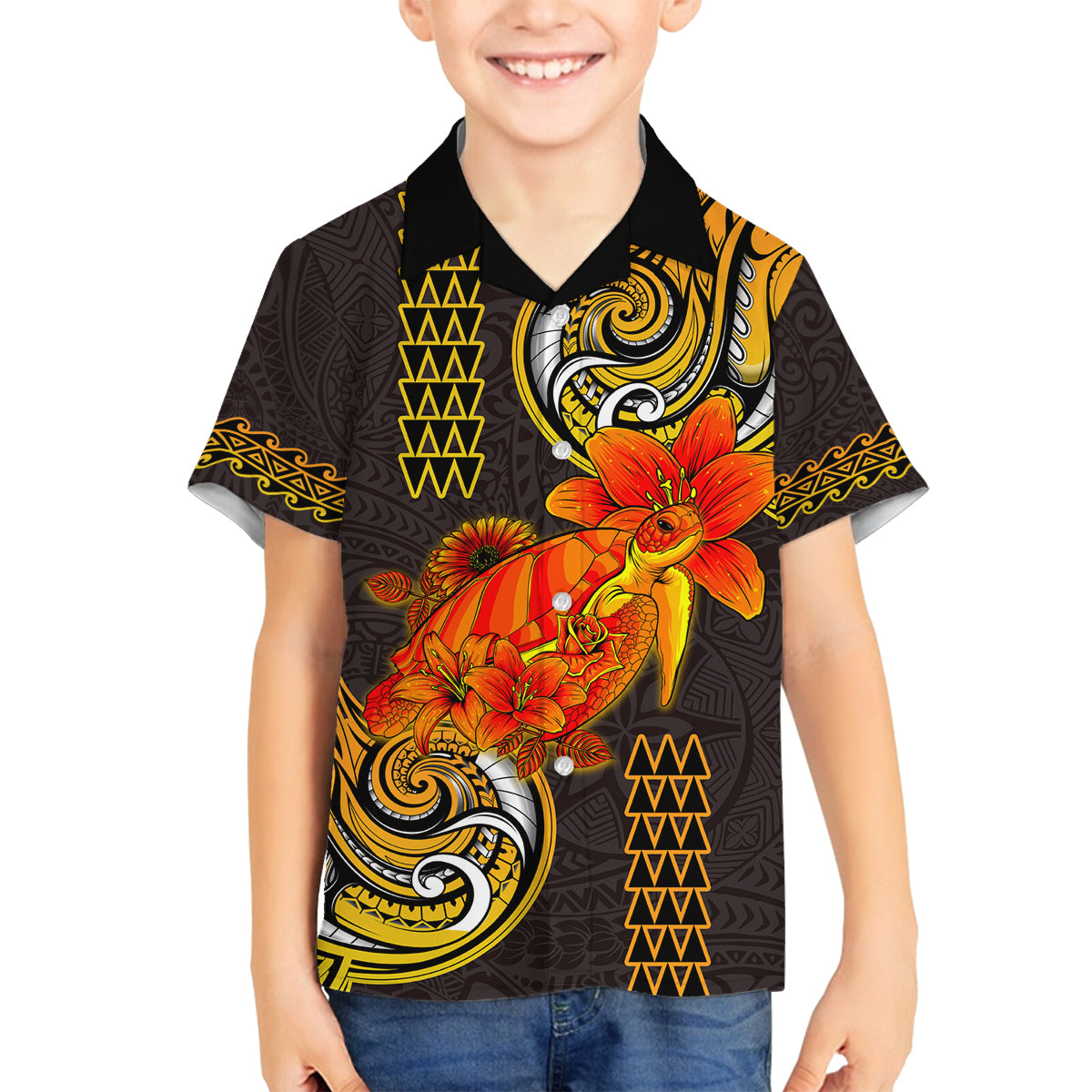 Hawaii Turtle Hibiscus Flower Family Matching Off Shoulder Short Dress and Hawaiian Shirt Polynesian Tattoo LT03 Son's Shirt Black - Polynesian Pride
